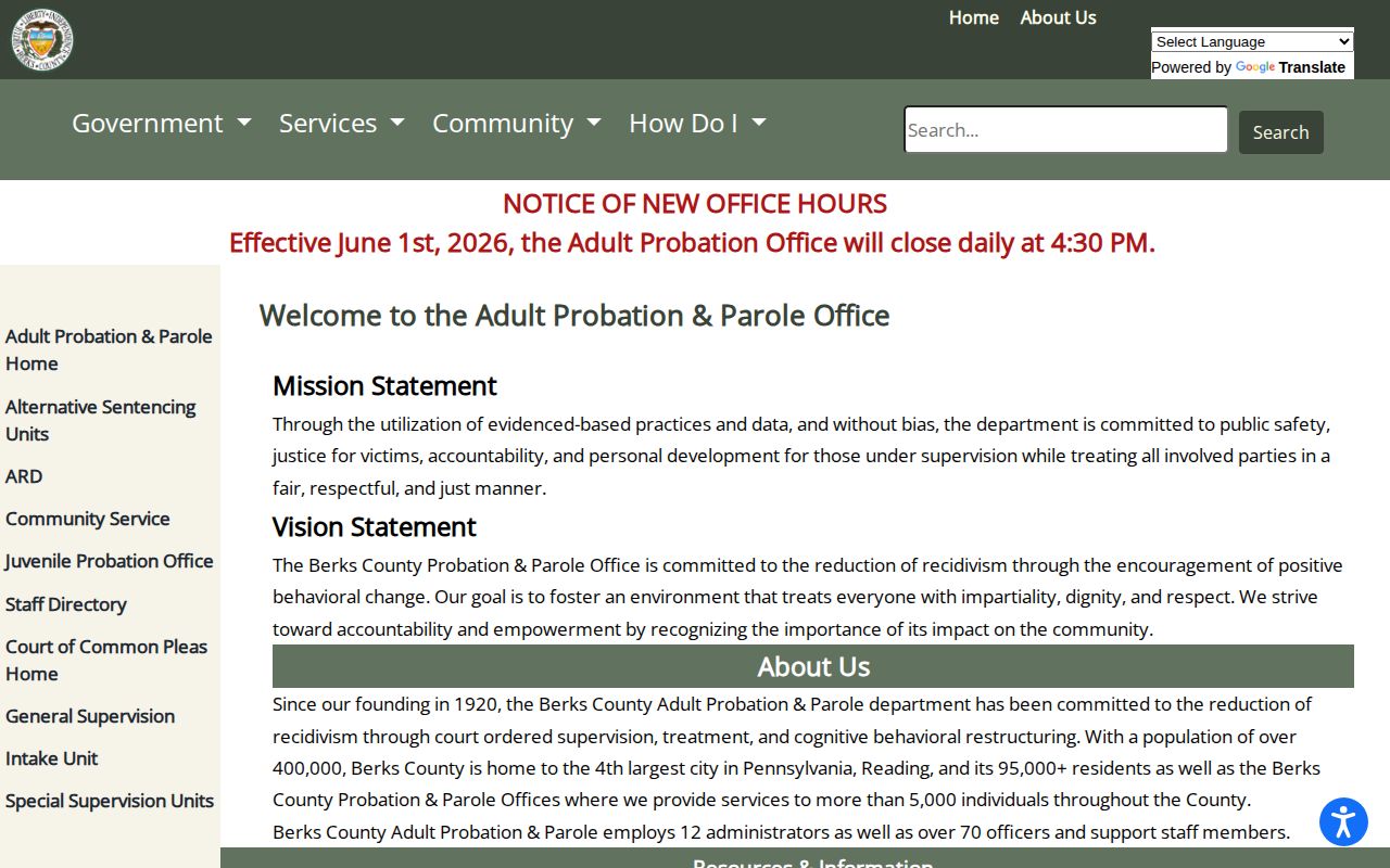 Berks County parole and probation office information