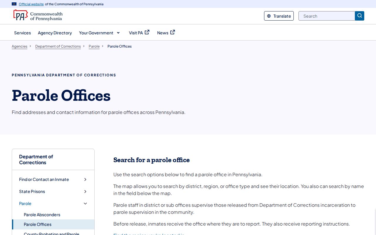 PA DOC state parole office search for Berks County release supervision